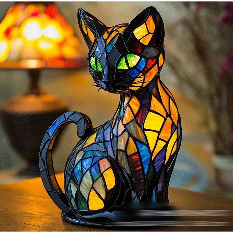Cat Lamp Stained Glass, Retro Magic Cat Stained Resin Tabletop Night Light, Cute Pet Themed Led Lamp Gift For Dog Cat Lovers