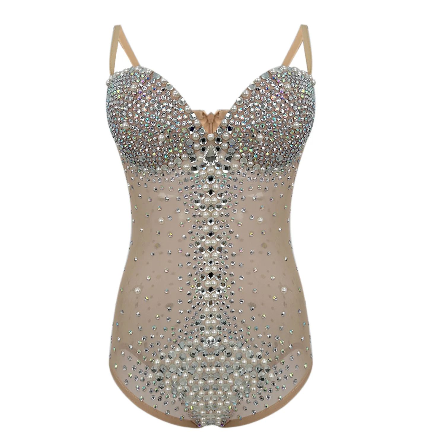 Sparkling Rhinestone Camisole Jumpsuit Sexy Mesh Pearl Tight Shorts Beach Pool Party Dance Performance Outfit yemingzhuneida