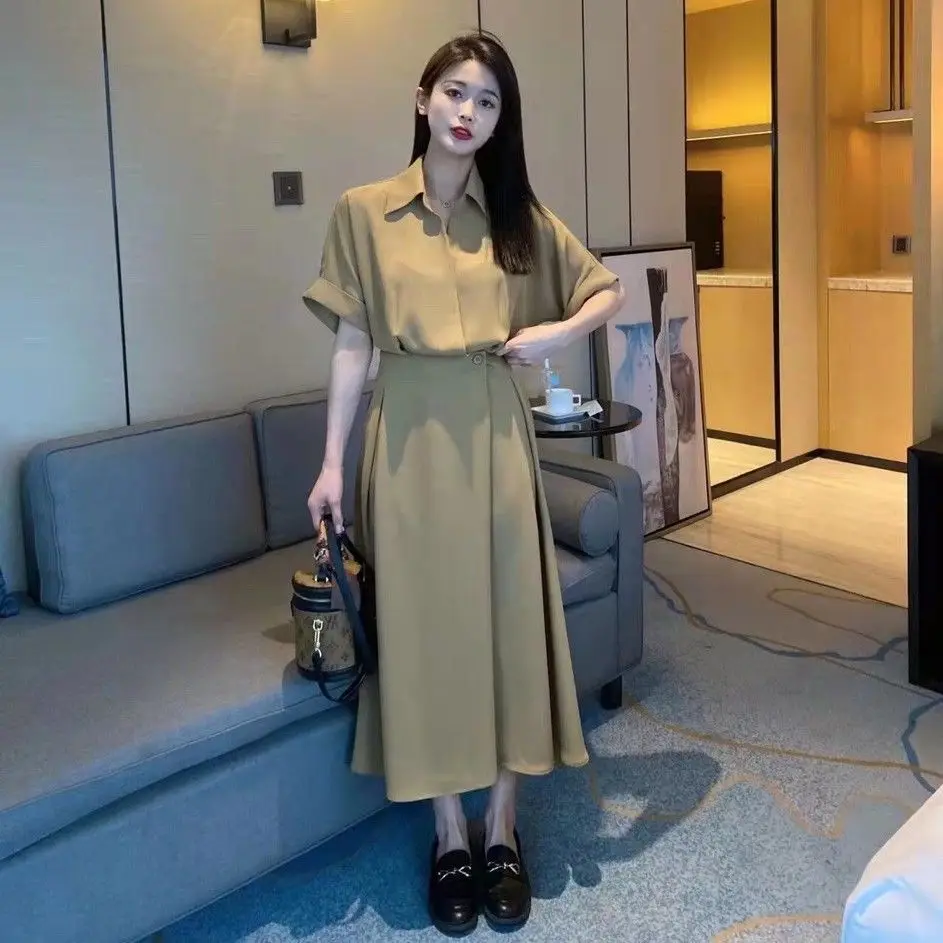

Elegant A-Line Midi Dress Korean Style High Waist Slimming Design Sensation Unique Dress Summer Casual Short Sleeve Collar