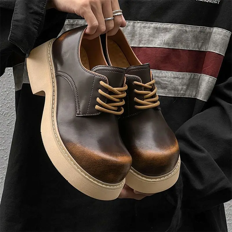 

New Men Derby Shoes High-end Exquisite Round Toe Thick Sole Height Increasing Couple Style Casual Fashionable Shoes