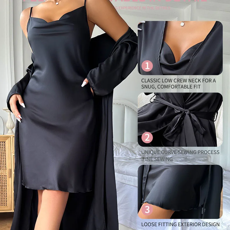 Female Twinset Robe Set Sexy Black Long Kimono Bathrobe Gowm Spring Summer Silk Satin Sleepwear Nightdress Loose Casual Homewear