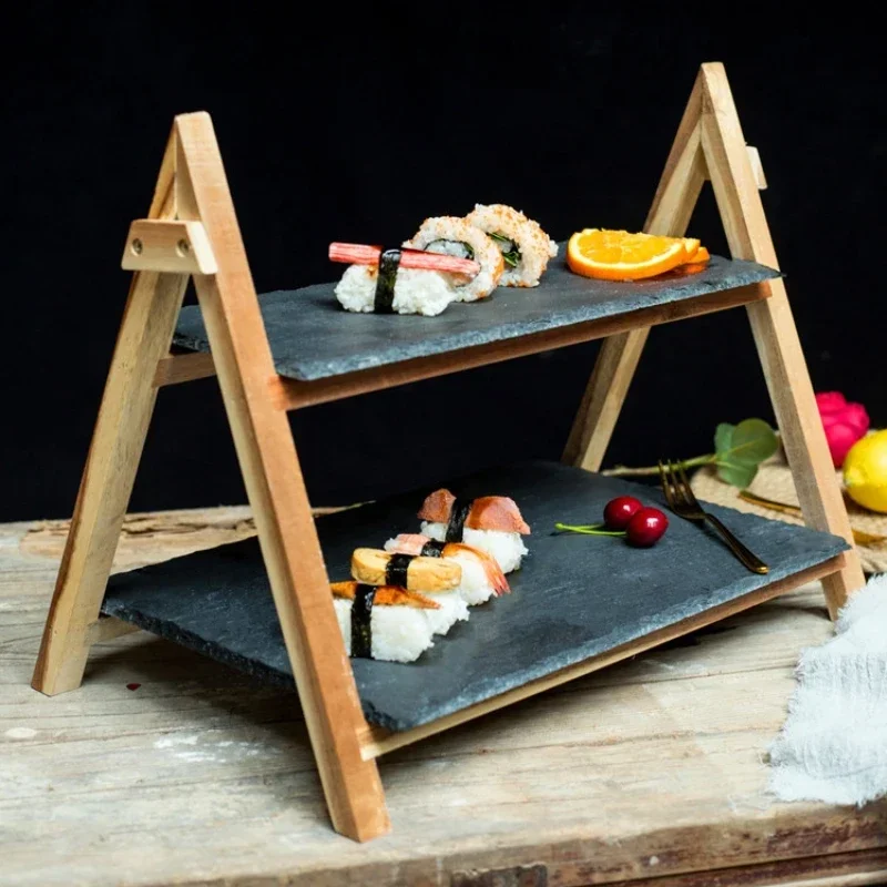 

Folding wooden cake rack black slate sushi plate restaurant buffet food display tray