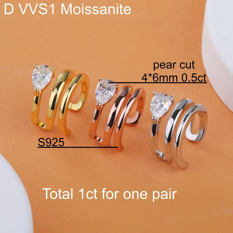 NKHOG 1CTTW Moissanite Clip Earrings for Women S925 Silver Earring Stackable Ear Cuff Fine Jewelry Gift Pear Cut Lab Diamond GRA