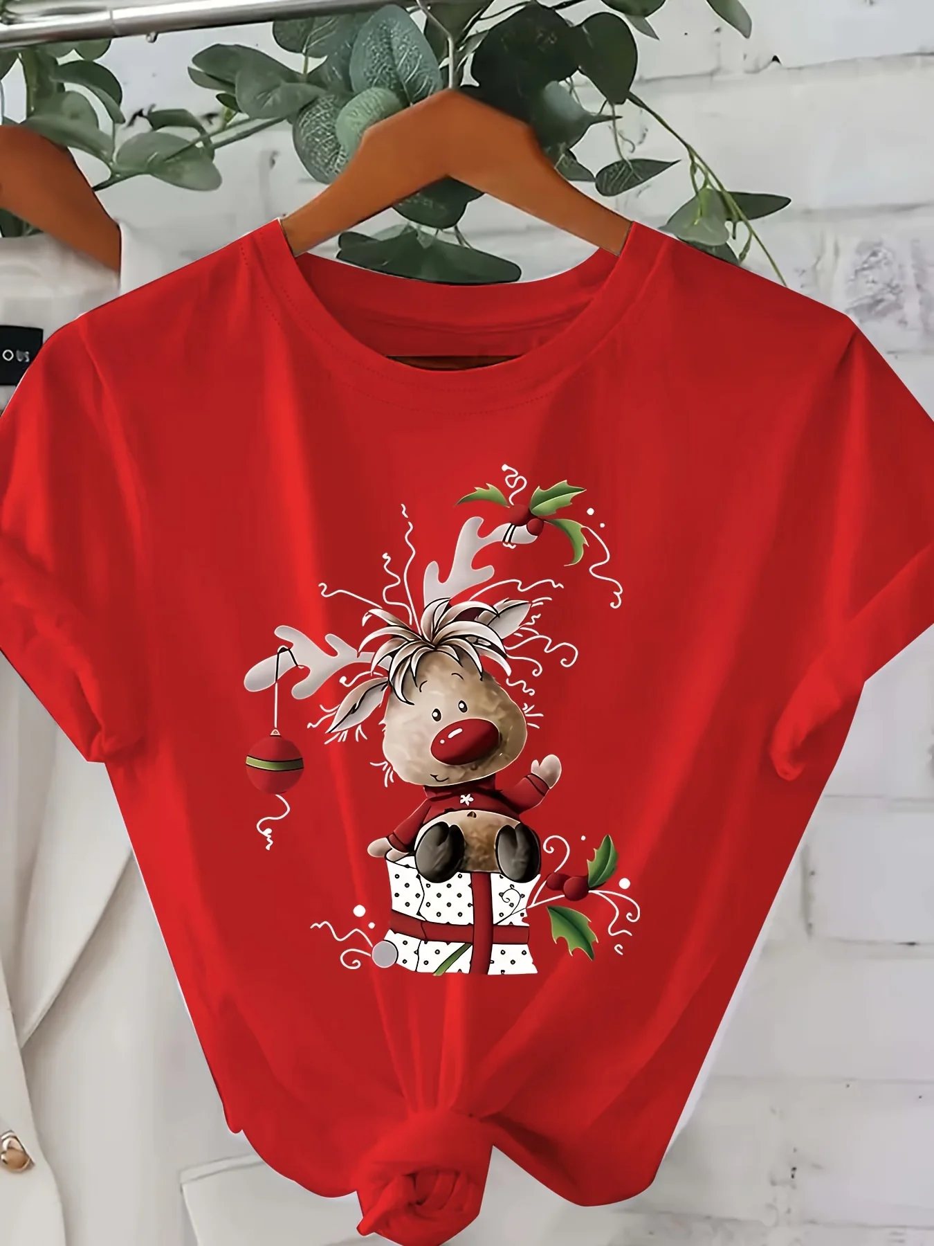 Women's Festive Christmas Reindeer Graphic Tee - Casual Crew Neck, Short Sleeve, Polyester Blend, Machine Washable