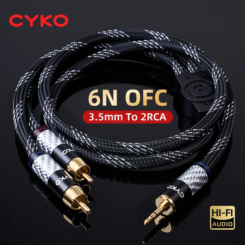 CYKO Hifi 6N OFC كابل الصوت 3.5 مللي متر إلى 2RCA الفاصل RCA جاك 3.5 كابلات Aux مطلية بالذهب التوصيل ذكر إلى ذكر لمكبر صوت الكمبيوتر