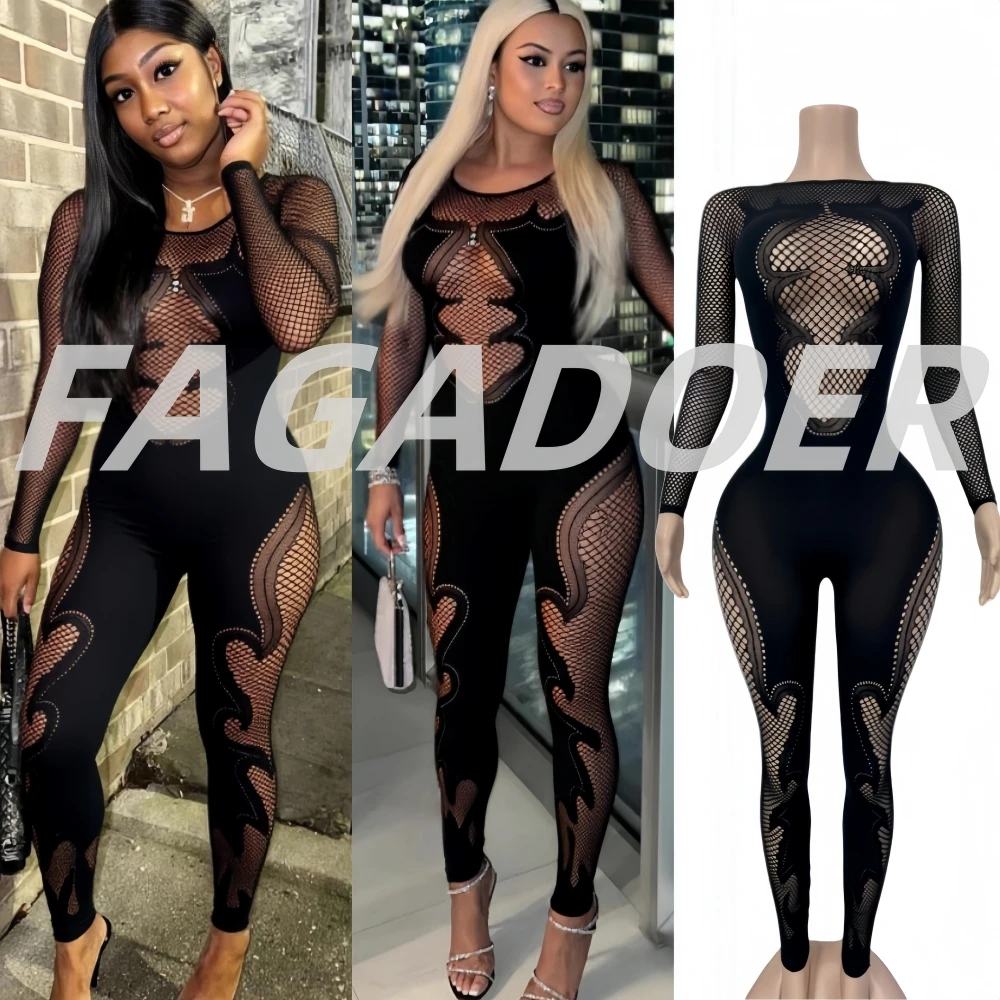 

FAGADOER Y2K Sexy Quality Lace Bodycon Jumpsuit Women Long Sleeves Hollow Out See Through Romper Female Streetwear Overalls 2025