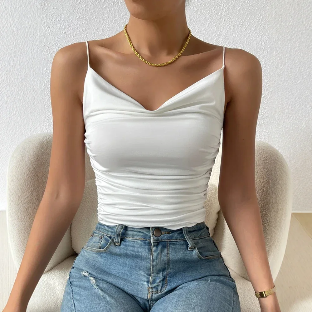 CPSYMYM Canottiere Primavera Estate Elegante semplice arricciatura senza maniche con scollo a V Canotte casual in tinta unita per le donne