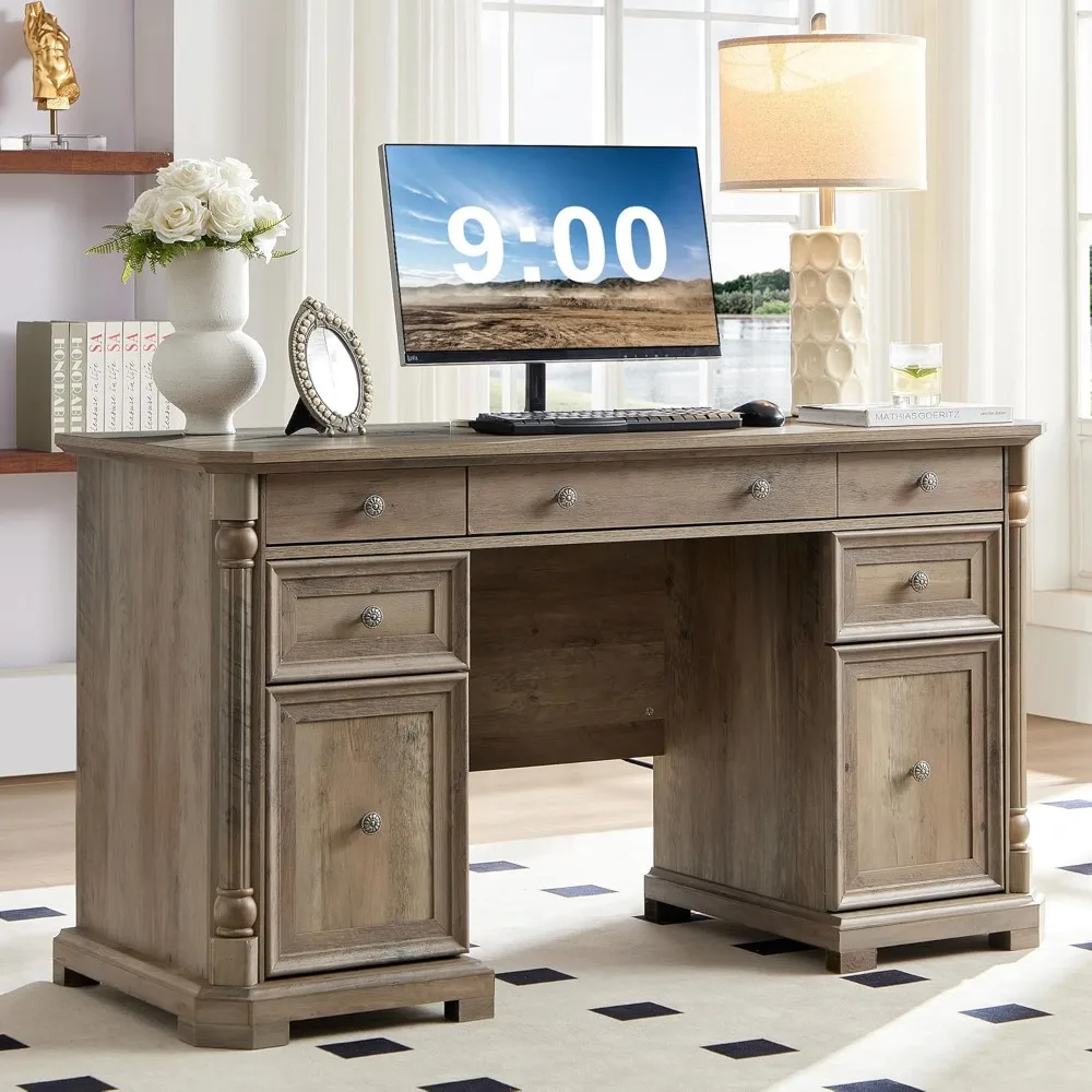 Scrivania direzionale in legno da 55'' con 7 cassetti - Scrivanie per ufficio domestico in fattoria con presa di corrente, scrivania per computer in legno con colonna romana