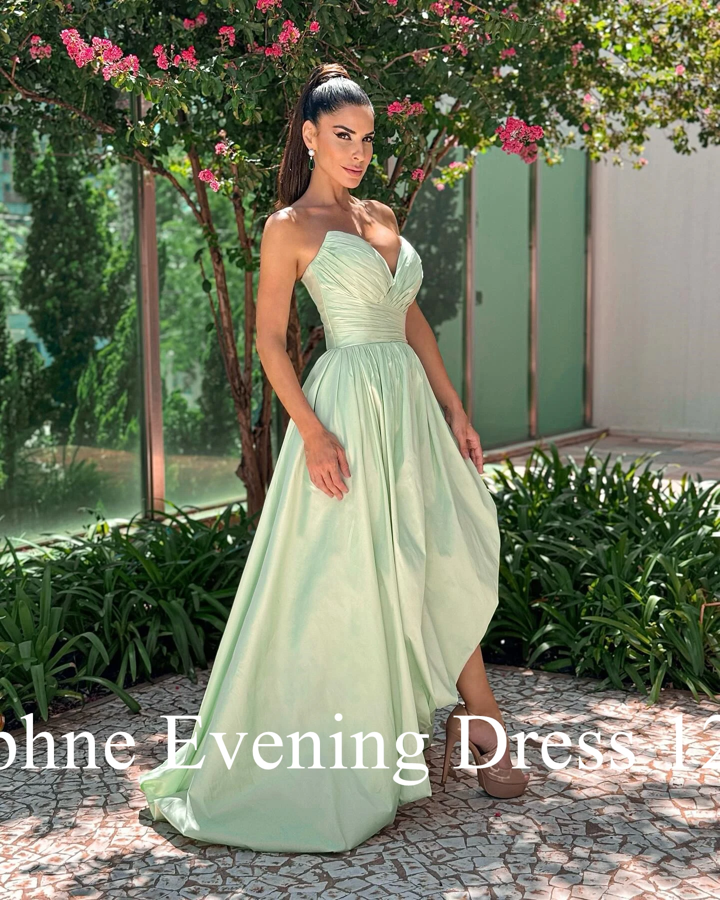 ที่กําหนดเองโมเดิร์น Sweetheart ด้านหน้าชุดราตรีคุณภาพสูงจีบซาตินภาพสี Vestido De Festa Vestido