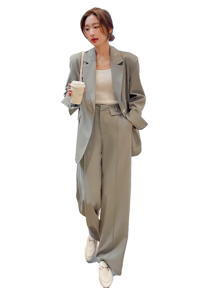 LANMRE Casual Two-piece Set Women Notched Single Button Back Split Blazer With Loose Pants Versatile 2024 Fashion New M2Z1453