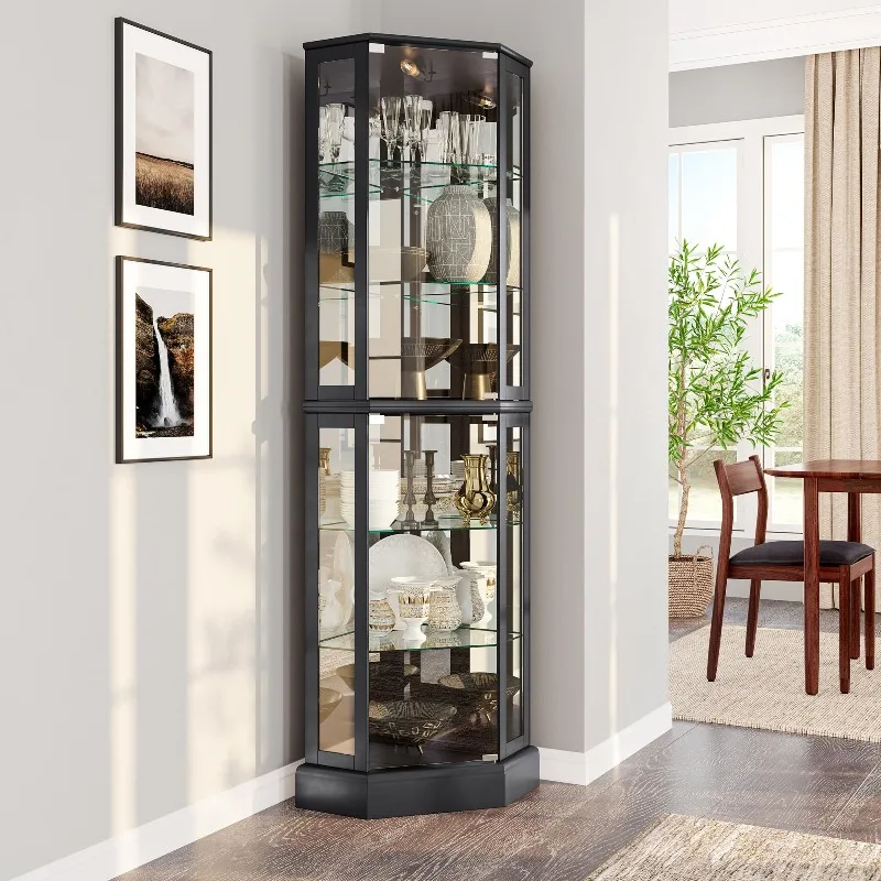 Lighted 3-Side Glass Display Curio Cabinet with Tempered Glass Doors and Shelves, Curved Wood Corner Cabinet with Bulb
