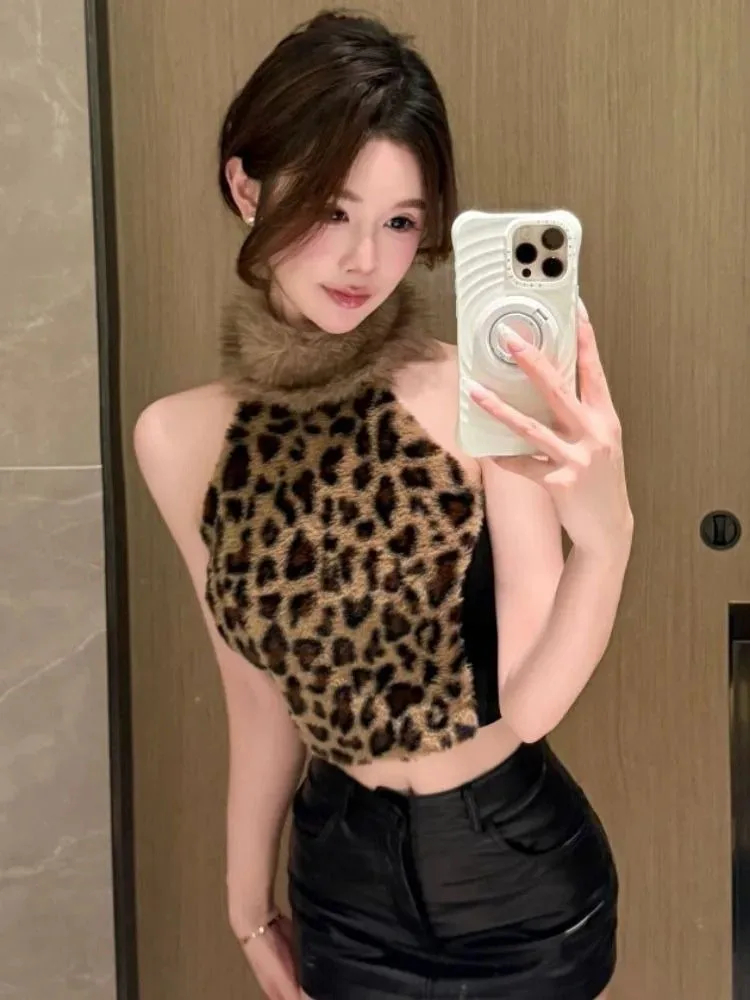 Sexy Crop Tank Tops Women Furry Patchwork Leopard Printed Fashion Slim Clubwear Y2k Harajuku Ladies Camisole Casual