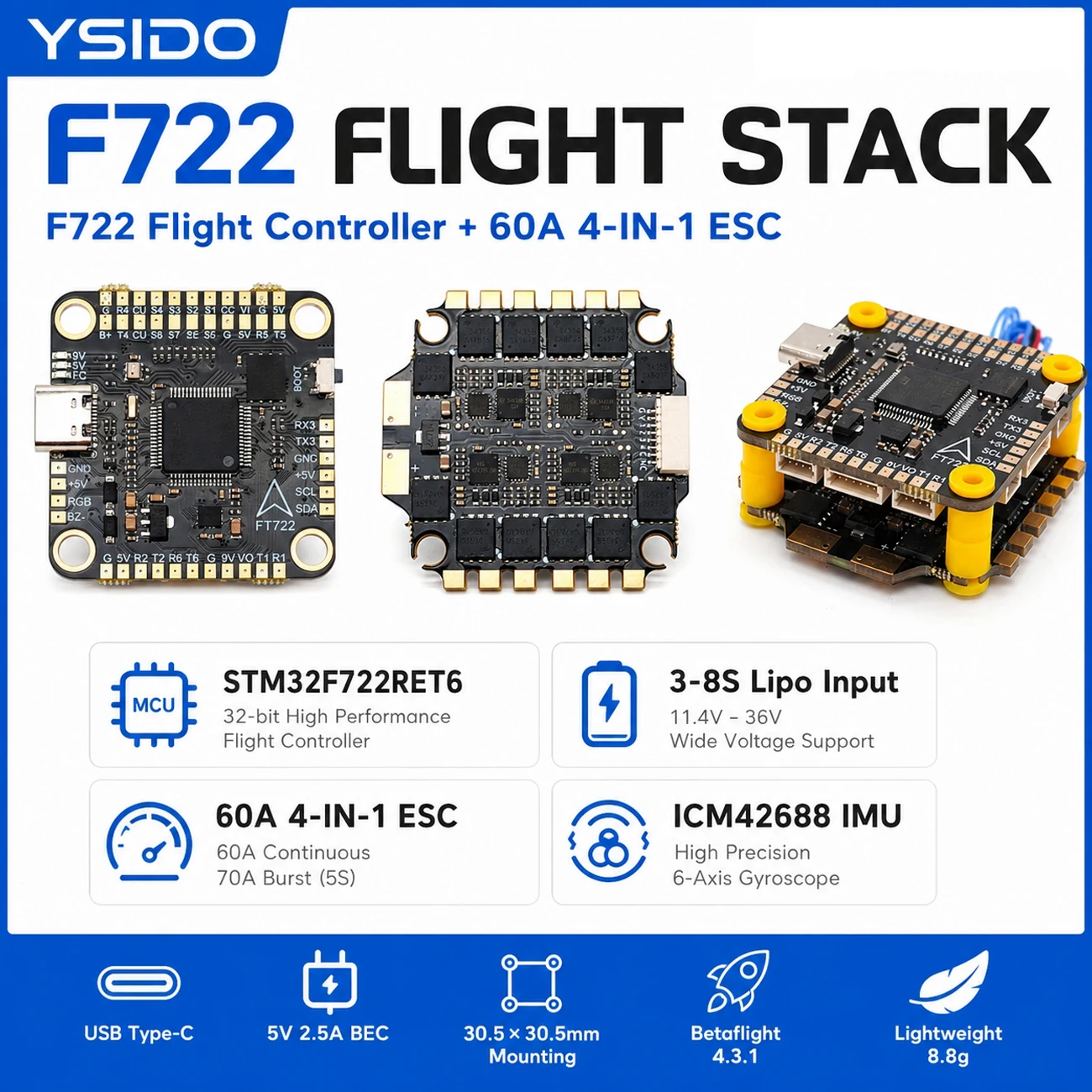 F7 Stack Kit F722 Flight Controller 60A 4-IN-1 ESC 3-8S 30.5*30.5mm ICM42688 for Remote Control FPV Freestyle Drones DIY Parts