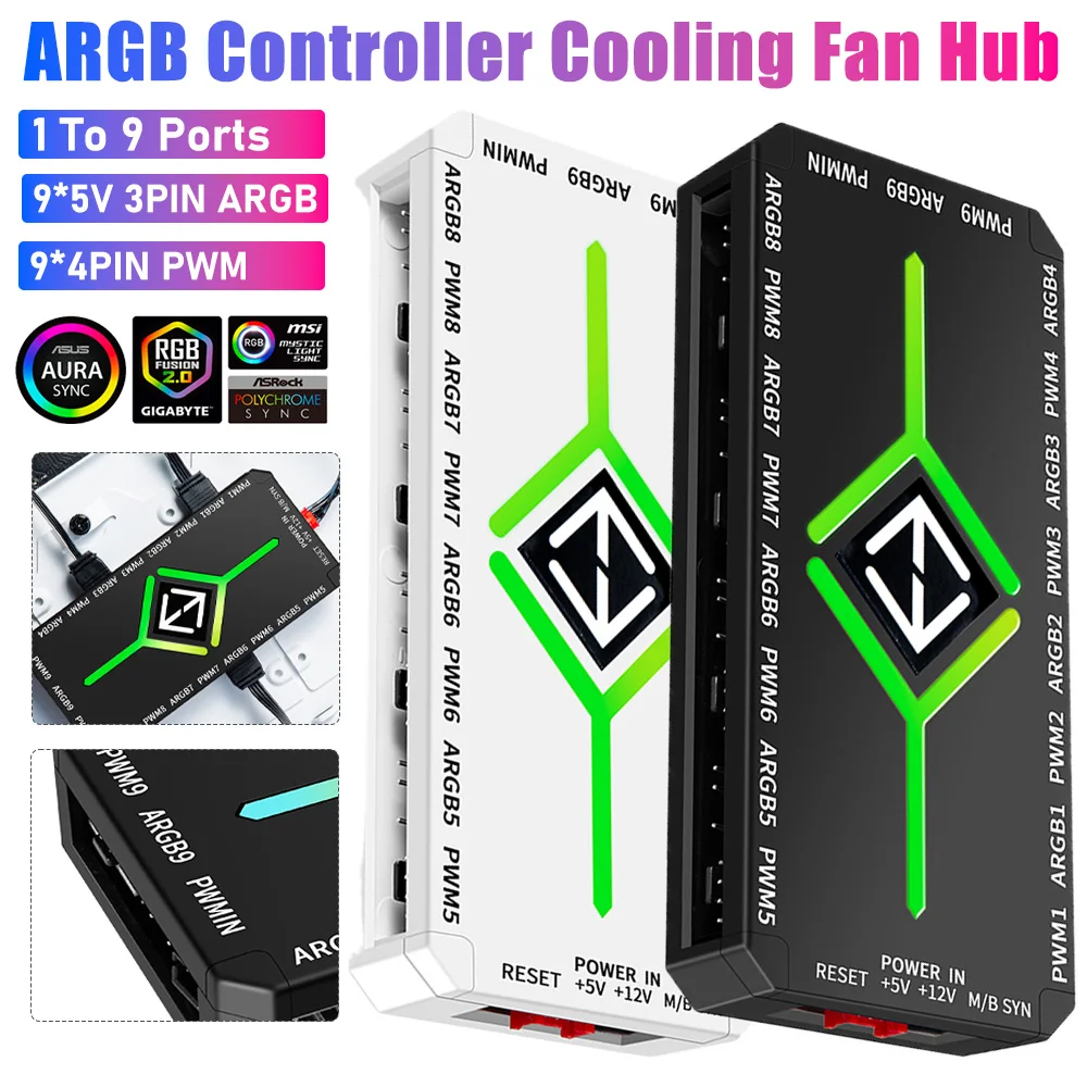 

1-5PCS 1 To 9 Ports 3 in 1 4 Pin PWM Magnetic Suction Hub With Remote PWM Fan Hub Splitter PWM & ARGB Hub Splitter For PC Case ﻿