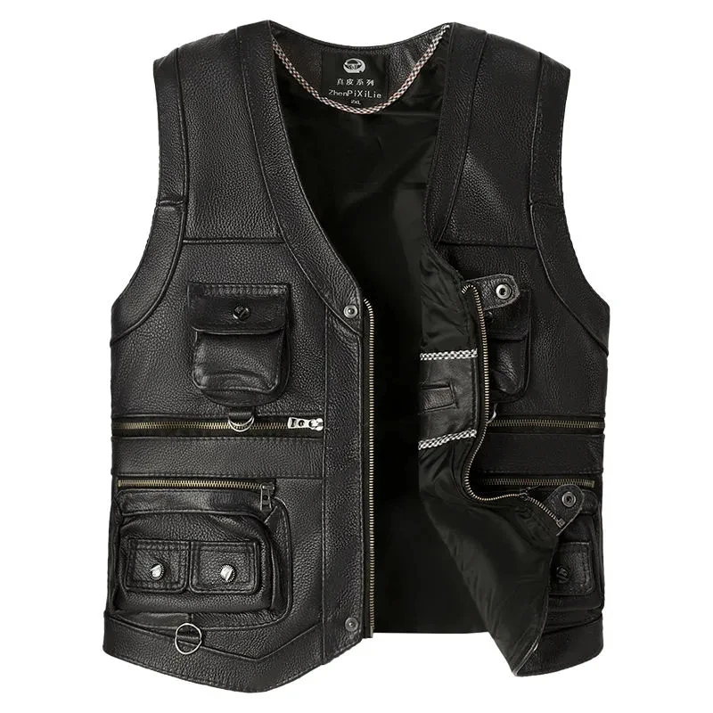 Genuine Leather Vest Men's Casual Top Layer Cowhide Vest Multiple Pockets Spring Autumn Winter Dad's Clothes