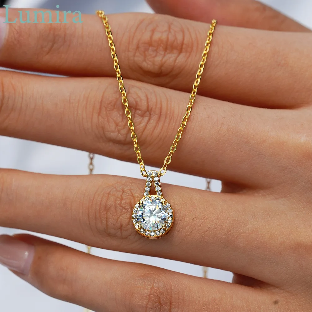 

Lumira Elegant Classic Round Pendant Real 18K Gold Necklace with 1 Carat Moissanite Diamond for Women Anniversary Gift