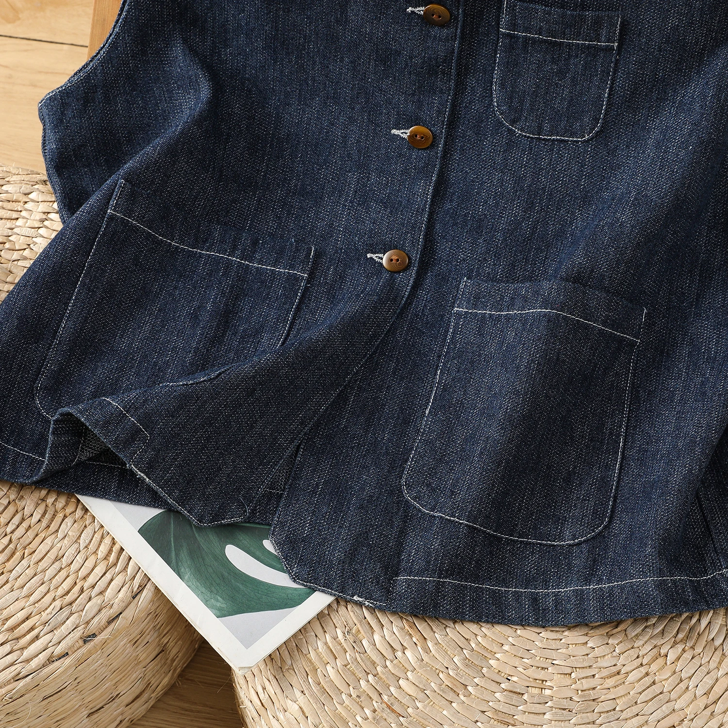 ผู้หญิง O-คอปุ่ม DENIM เสื้อกั๊กฤดูใบไม้ผลิฤดูร้อนเสื้อแขนกุด VINTAGE Outwear COVER UPS TOP