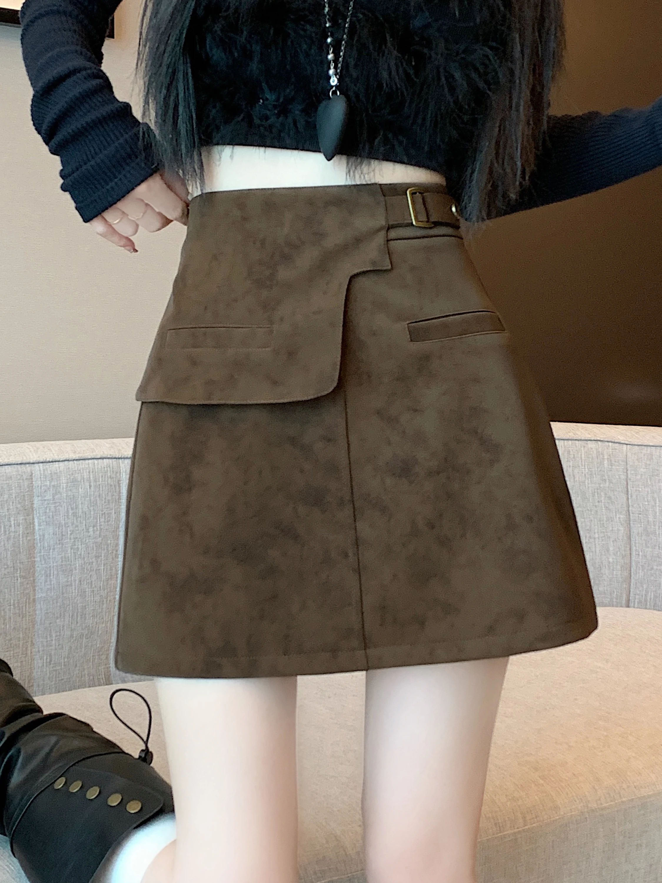 

Американская замшевая юбка-трапеция с высокой талией, облегающая, короткая, для женщин, весна, новинка, ретро-стиль