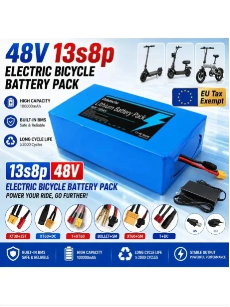 48V Power-Akku 13S8P 100Ah 18650 Wiederaufladbarer Li-Ionen-Akku mit hoher Leistung und BMS für Motorrad, Roller, Fahrrad