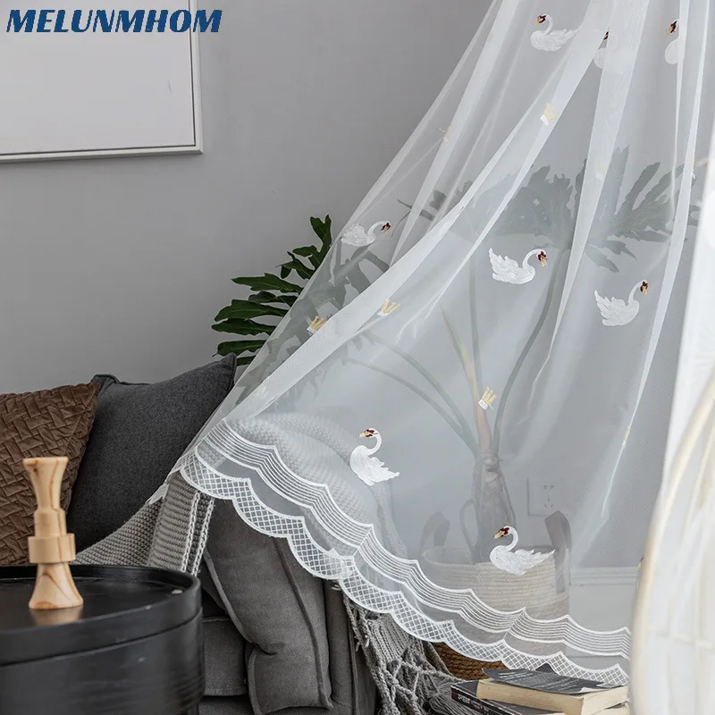 Pastoral Mesh Fabric Goose Embroidered Tulle Curtains for Bedroom Living Room Simple White Sheer Window Screens Kitchen Custom