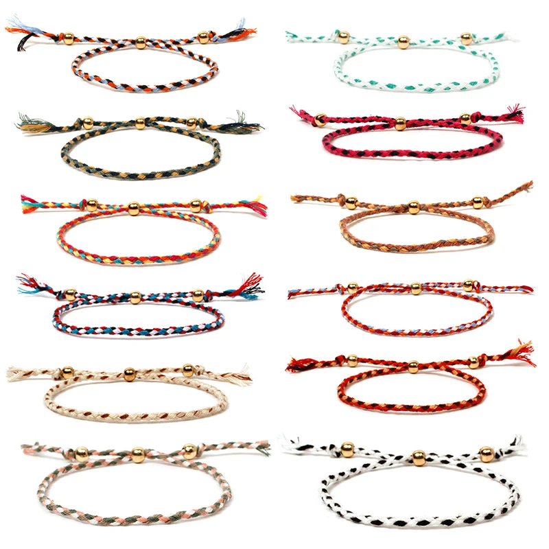 Handmade Tassel Knots Gold Color Beads Thread Rope Bracelet Ethnic Jewelry For Women Men Lucky Tibetan String Weave Bracelets