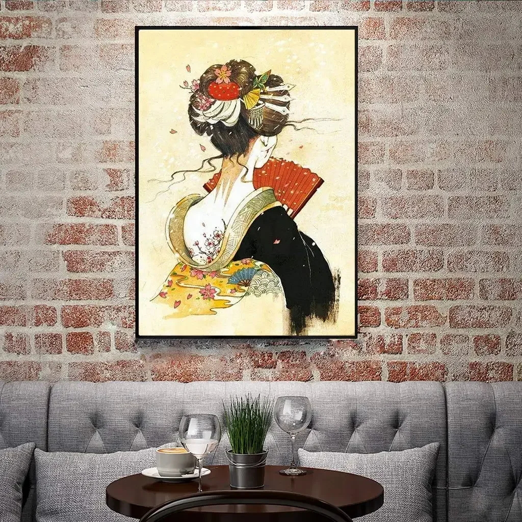 Kyoto Girl Kimono Artwork Woman Painting I Hear No Evil Painting Japan Gothic Geisha Canvas Wall Art For Livingroom Decor