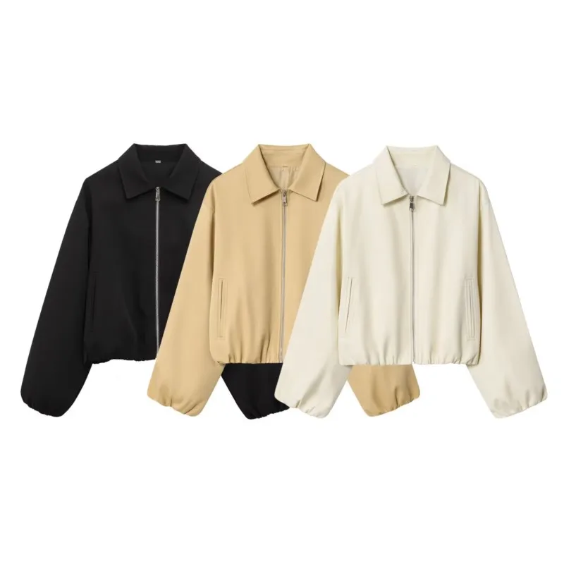 

Women Short Puffed Jacket Autumn Fashion Double Welt Front Pockets Short Jacket With Zipper Causal Female Chic Jacket