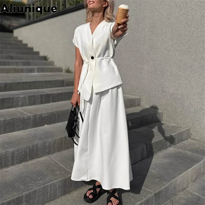 Summer 2 Piece Set Short Sleeve Skirt Suit Women Single Button V-neck Lace Up Top+high Waist Loose Bust Skirt Fall Office Lady
