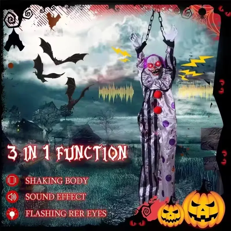 New Halloween Horror Home Decoration Hanging Clown Voice Control Electric Hanging Ghost Outdoor Garden Scary Haunted House Props