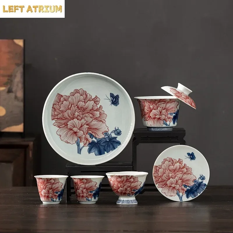Blue and White Porcelain Peony TeaSet Kung Fu Teacup Hovering Cover Bowl Household Guest Ceramic Tea Bowl Tea Tableware Ornament