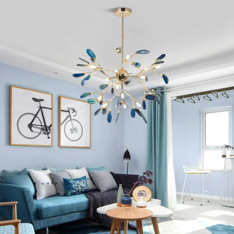 Natural Agate Flake Chandelier Nordic Decorative Leaf Lights For Living Room Bedroom Dining Room Luxury Stained Retro Metal Lamp