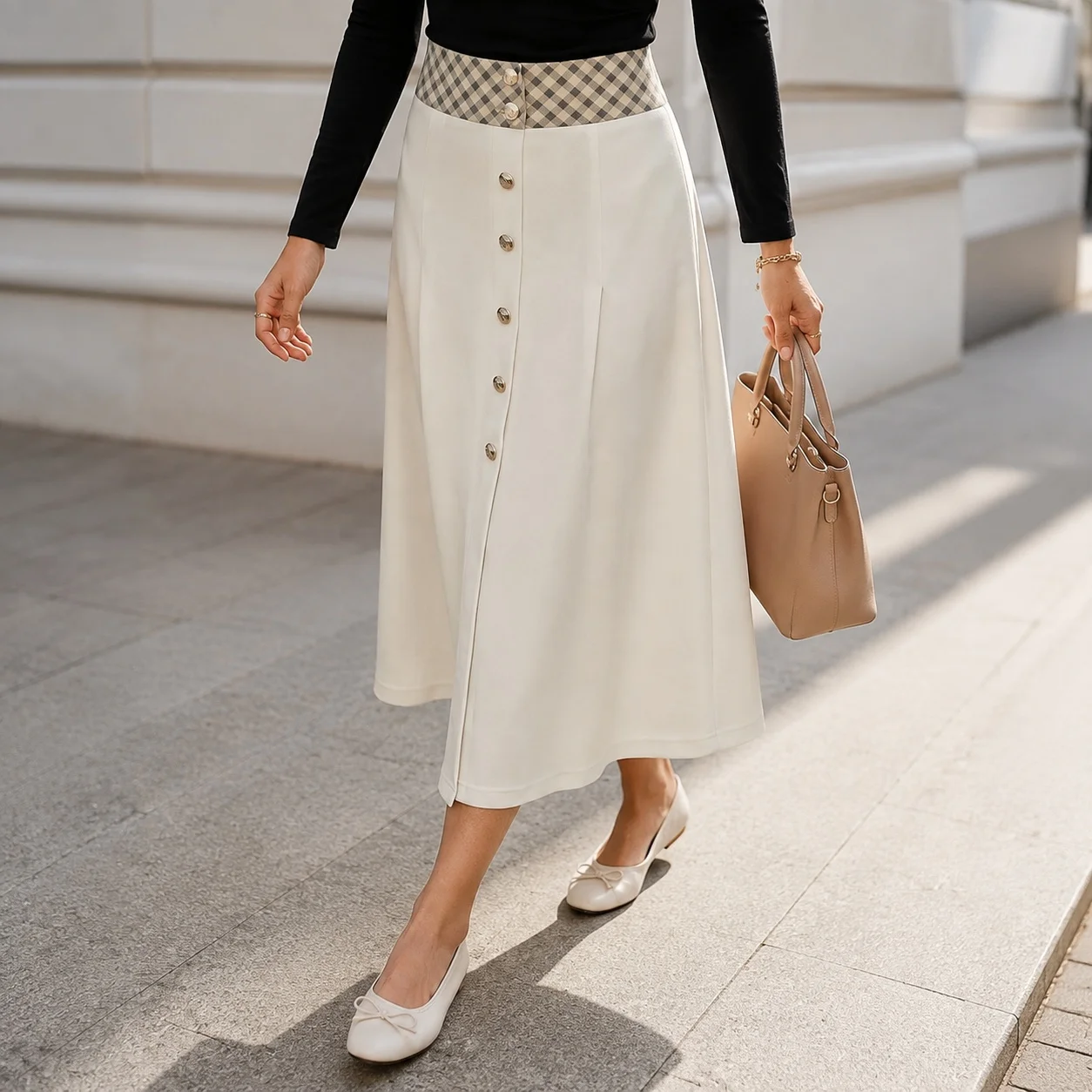 Plaid Skirts Patchwork Full Swing Retro with Date Casual Commuter Style Daily Wear Office Wear High Stretch Autumn Women Skirt