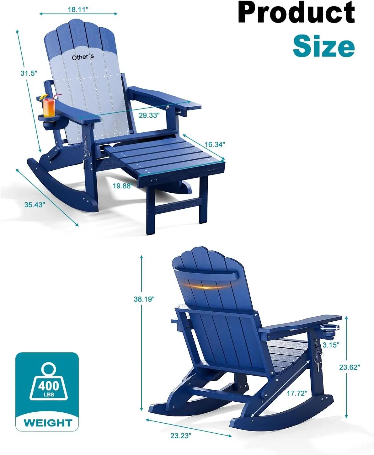 Adirondack Rocking Chairs with Retractable Ottoman & Cup Holders, 6-in-1 Folding HDPE Outdoor Rockers for Patio, Porch, Lawn, Navy Blue