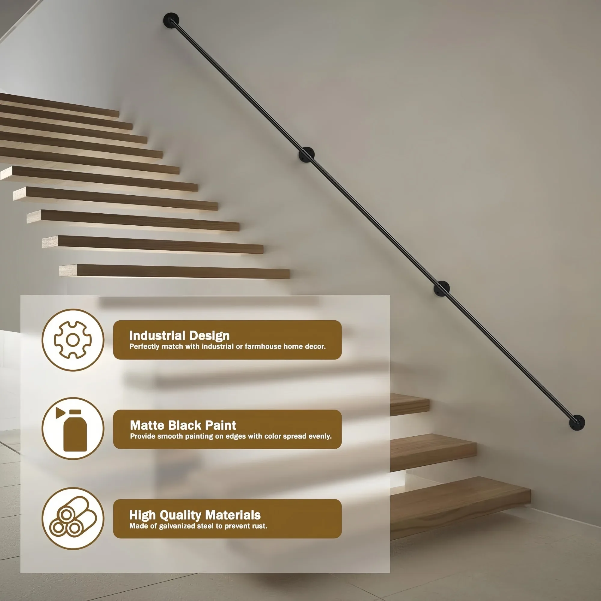 درابزين أنبوب حديد صناعي مجلفن باللون الأسود بطول 10 أقدام، مناسب لتركيب الجدار الداخلي والخارجي، والمساعدة في السلامة. #5