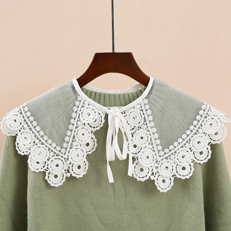 

Women White Solid Color Bow Fake Collar Shawl Wrap Embroidered Fake Collar Clothing Doll Shirt Detachable False Collars