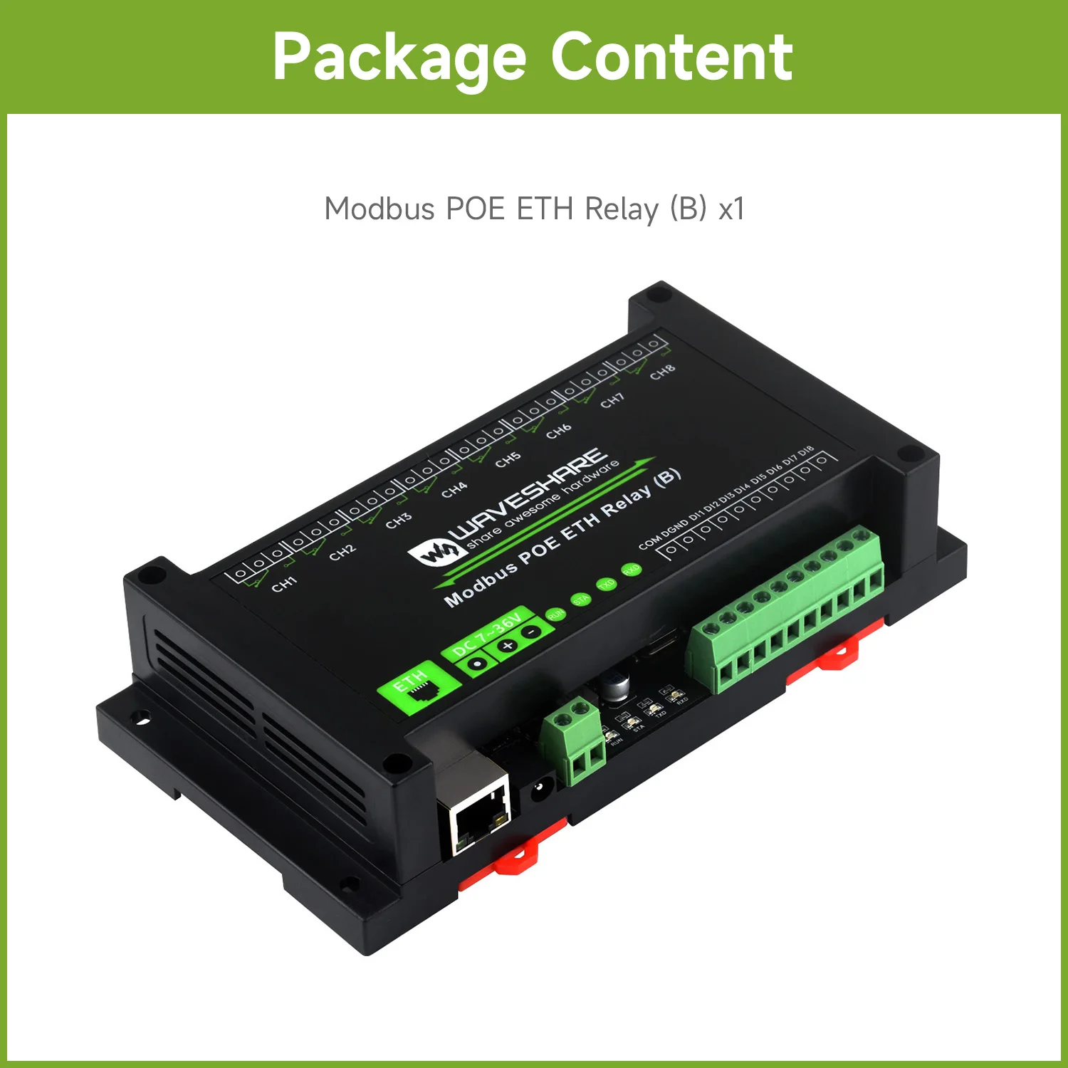 

Waveshare 8-ch Ethernet Relay Module (B) With Digital Input, Modbus RTU/Modbus TCP Various Isolation And ProProtocol, PoE Port