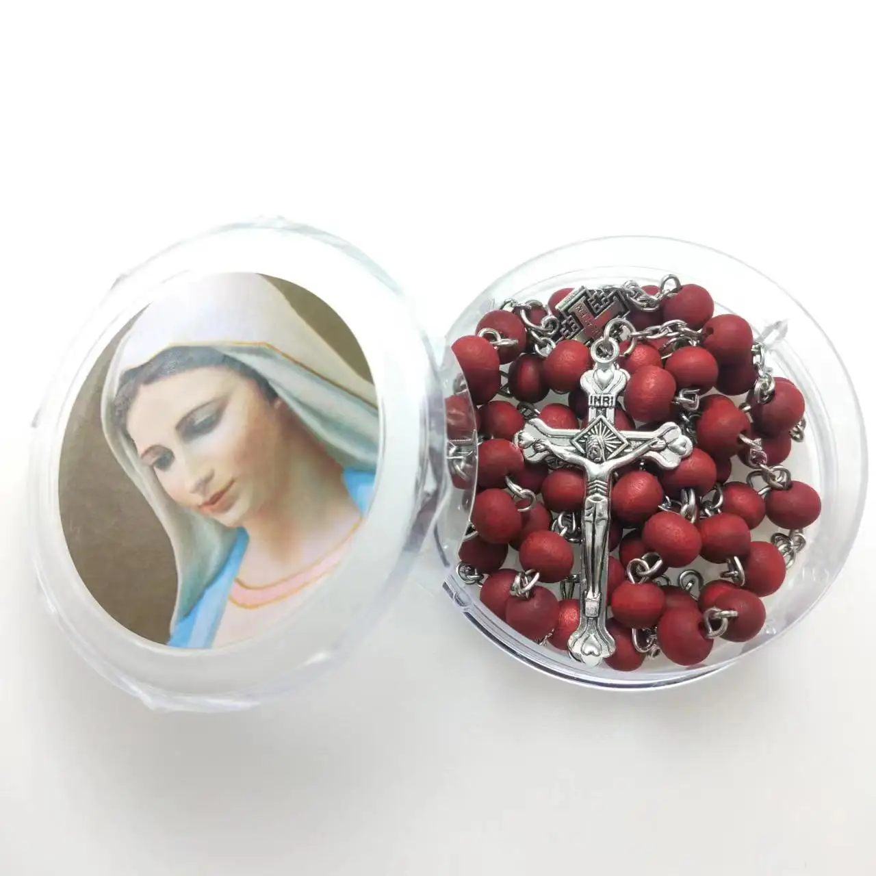 free ship 12pcs/pack rose scented perfume rosary necklace/ red bead rosary with center and plastic saint box