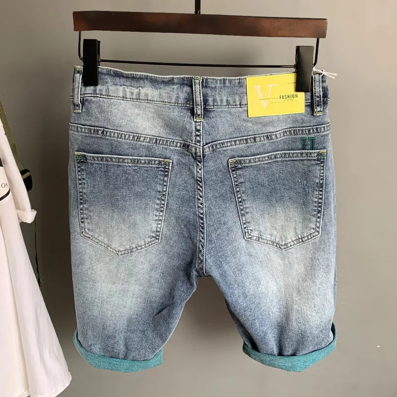 Half Male Denim Shorts with Text Ripped Multi Color Knee Length Men\'s Short Jeans Pants Graphic Long New In Summer Thin Vintage