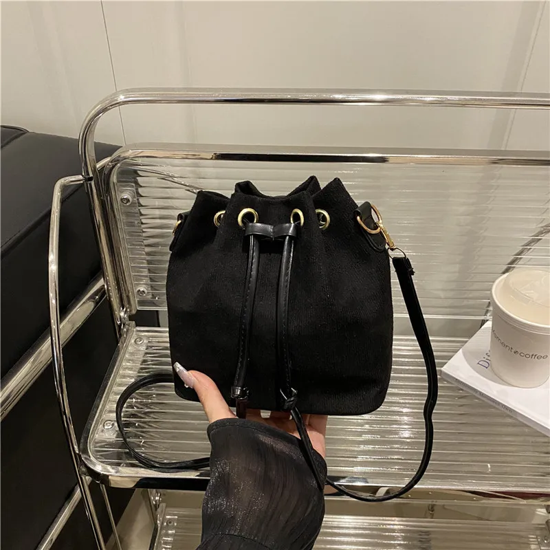 

Women Corduroy Bucket Bag Adjustable Strap Shoulder Bag Solid Color Retro Handbag Tote Purse For Work Travel