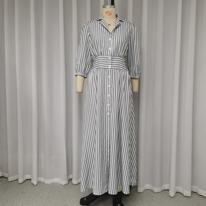 Ellafads Frauen Maxi kleid Sommer lässig Büro Revers gestreiften Druck Hemd Langarm Plissee Knopf gekniffen Taille Schlitz Maxi kleid