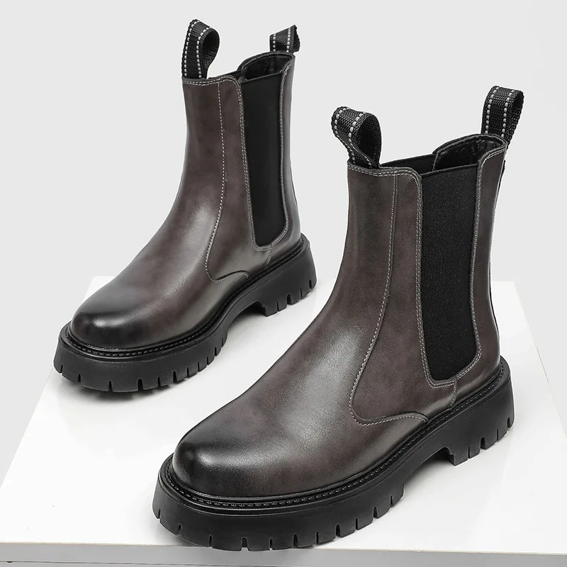 England style mens casual high platform boots slip-on natural leather shoes cowboy long boot handsome chelsea botas black grey