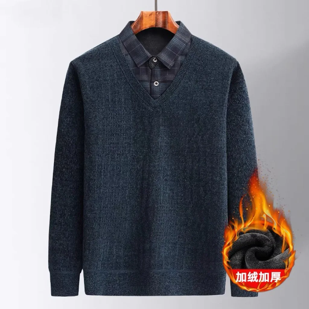 

Fleece Thickened Winter Clothing Warm Fake Two-piece Knitted Sweater Middle-aged Men's Cold-proof Sweater Bottoming Shirt