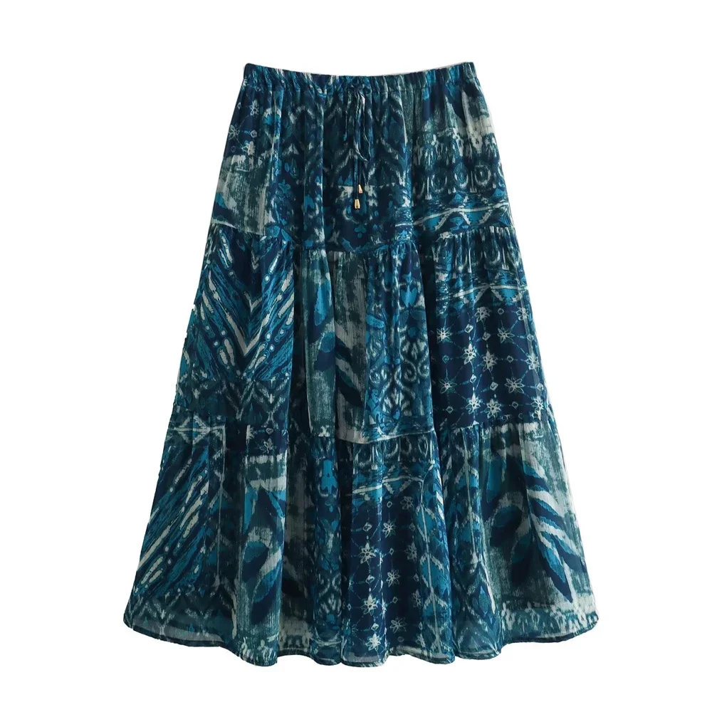 2025 printemps nouveau produit femmes mode décontracté col rond ample imprimé chemise imprimé cordon jupe ensemble
