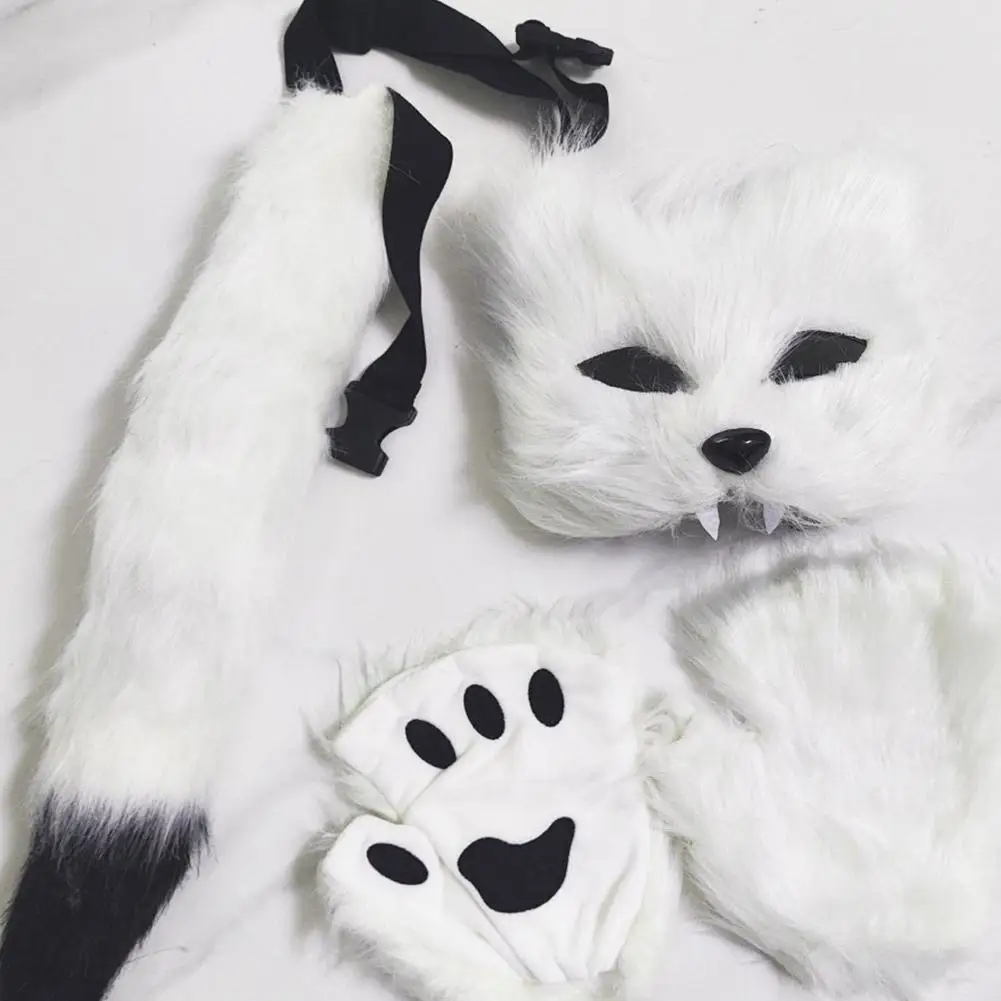 3D Wolf Claw Gloves With Realistic Half-face Mask Fluffy Fur Tail Cat Paws Gloves Set Halloween Cosplay Costume Accessories