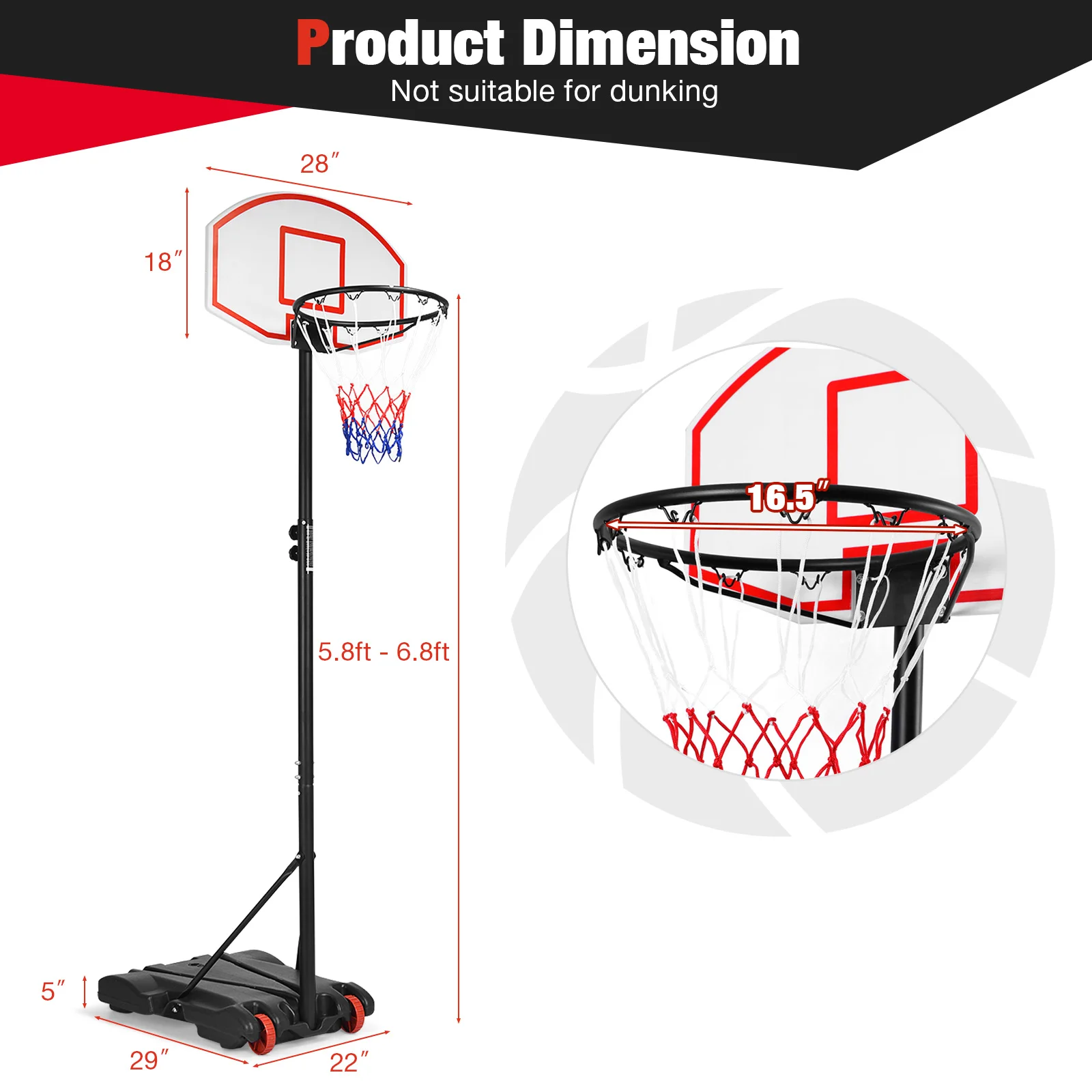 7.1FT-8.1FT Adjustable Basketball Hoop System w/2 Nets & Wheels Indoor Outdoor