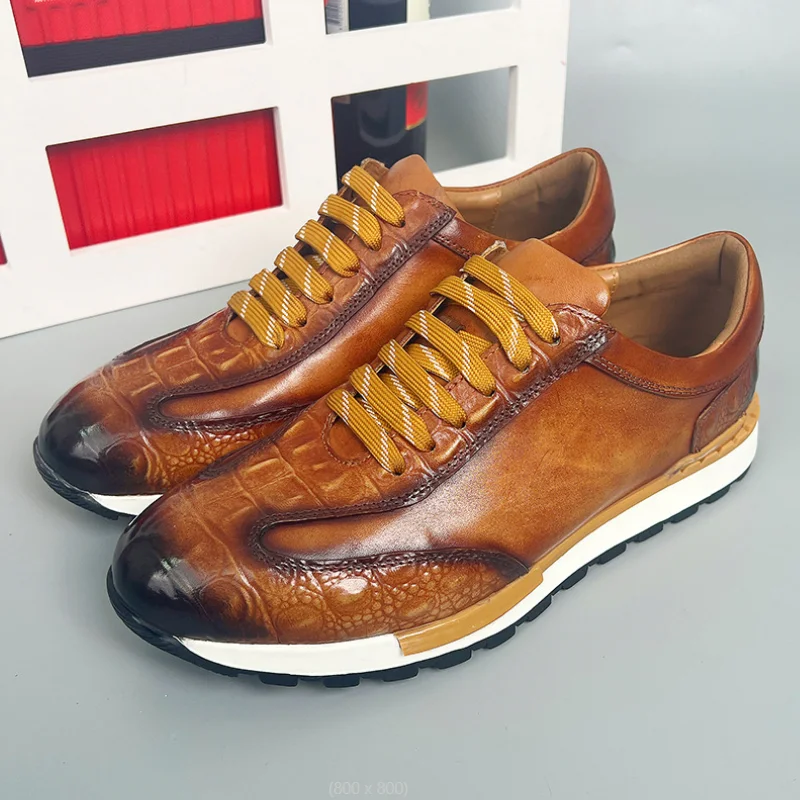

Men's Oxford Sneaker Cow Genuine Leather Crocodile Pattern Fashion Man Shoes Lace-Up Business Office Casual Male Footwear b16