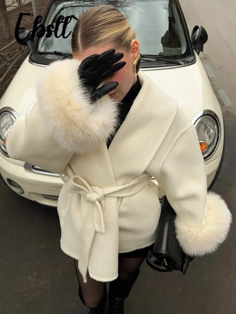 Abrigo de lana con cordones y retales de piel cálida para mujer, abrigos de manga larga con cuello vuelto para mujer, prendas de vestir elegantes para invierno 2025