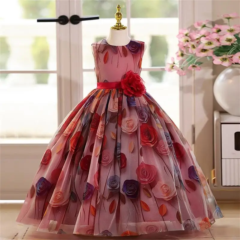 Teen Girl Princess Dress Rose Print Red Evening Dress Gown Elegan Piano Perform Sleeveless Dress Girls Party Dresses Carnival