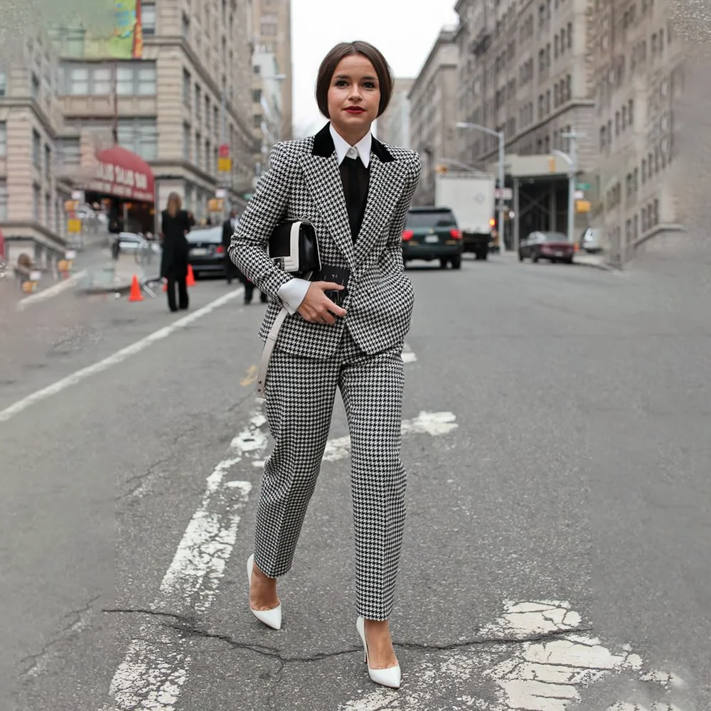 

2025 New Style Fashion Houndstooth Female Suit 2 Pieces Jacket Pants Office Smart Casual Blazer Set Conjuntos De Pantalones
