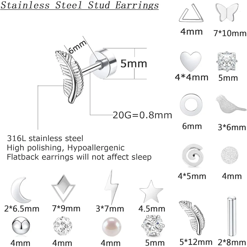 

Hypoallergenic Stainless Steel Stud Earrings Set 20G Flat Back Tiny Unisex Earrings for Cartilage Multiple Piercing